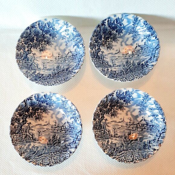 Set of 4 Franciscan Staffordshire "The Hunter" Blue Transfer Ware Cereal Bowls - Picture 1 of 3